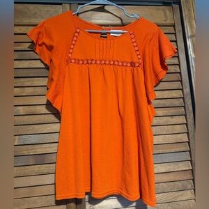 Women's Bright Orange Flutter-Sleeve Tunic with Lace Trim